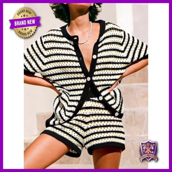 Crochet Knit Coverup Set Oversized Boho Beach Shorts Button Shirt - Picture 2 of 7